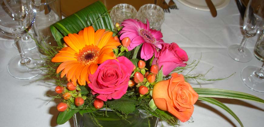 Orange Cerise Roses Gerberas Wedding Arrangement