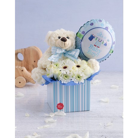 Baby boy Floral box with teddy and balloon