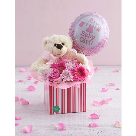 Baby girl floral box with teddy and balloon