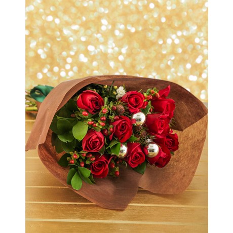 Red Roses & Christmas Baubles Bouquet