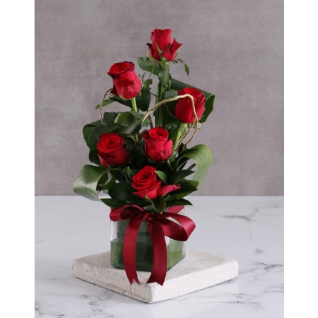 6 red roses in a vase