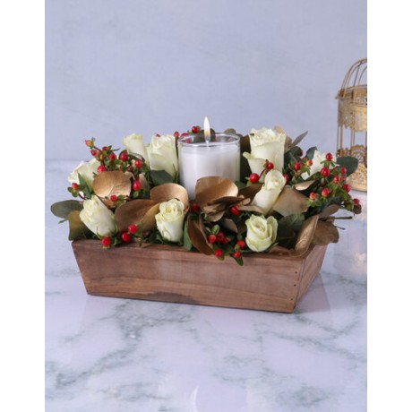 White Rose Candle Christmas Arrangement