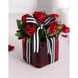 6 Red Roses with bow in glass vase