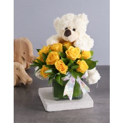 Yellow Rose teddy baby arrangement