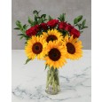 Sunflowers and red rose vase