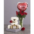 Red rose vase with balloon, teddy and Ferrero